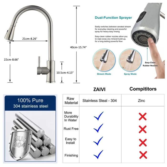 size with ss-304 pull down faucet