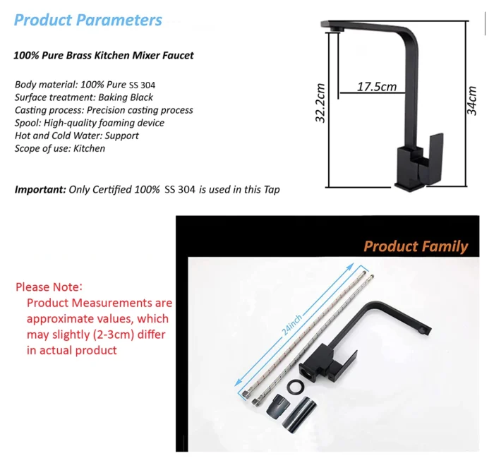 ZAIVI CUBIX SS-304 KITCHEN TAP (SQUARE SHAPE, MATT BLACK) contents and size