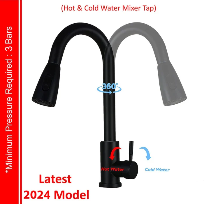 Zaivi Flora SS-304 Pull Out Tap Hot and Cold (Matt Black)